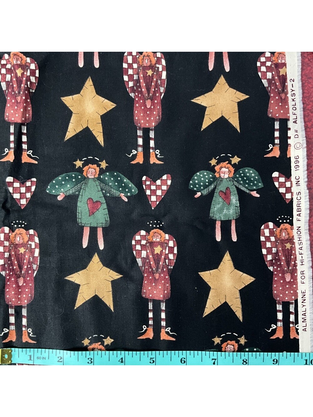 VTG Folk Art Christmas Angels Fabric Alfolksy-2 AlmaLynn Hi-Fashion 2 3/4 Yards